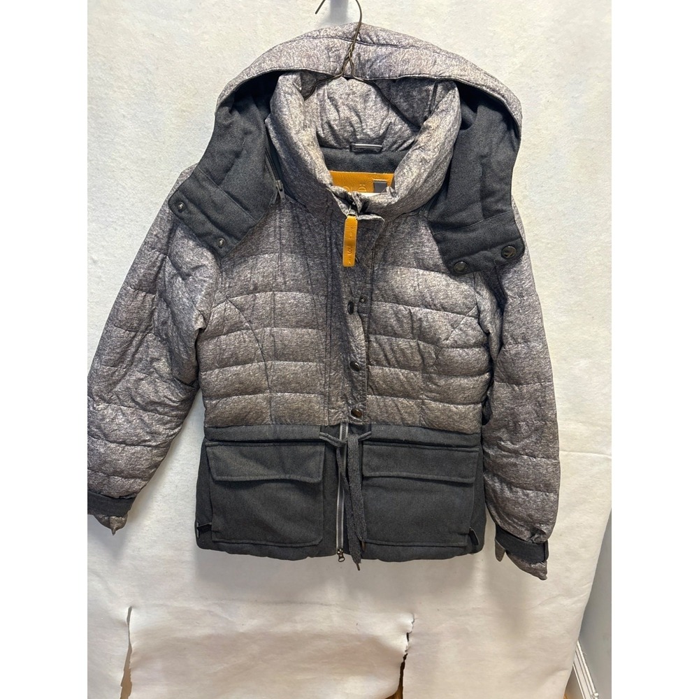 Lole Quilted Hooded Down Puffer Jacket Gray Zip Pockets Drawstring Waist Small